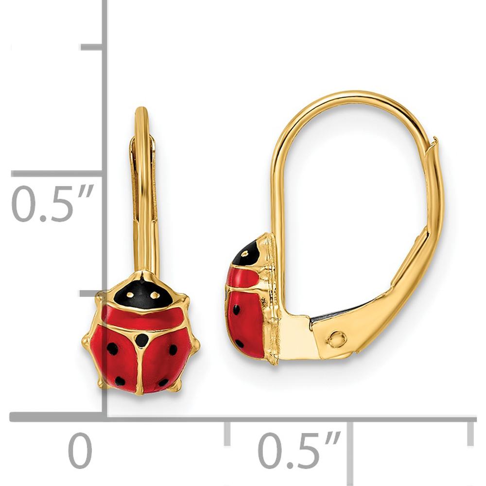 14K Yellow Gold Polished Enameled Ladybug Drop Earrings with Red and Black Enamel Detailing by Oro Pregiato