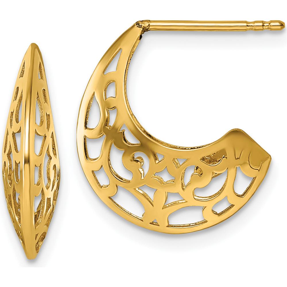 14K Yellow Gold Polished Fancy Cut Out Design J-Hoop Earrings by 0