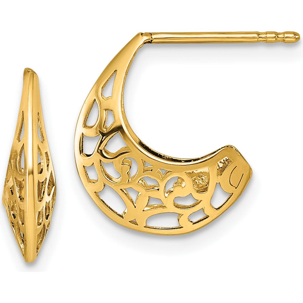 14K Yellow Gold Polished Fancy Cut-Out J-Hoop Earrings - 15mm Length, 13.9mm Width by 0