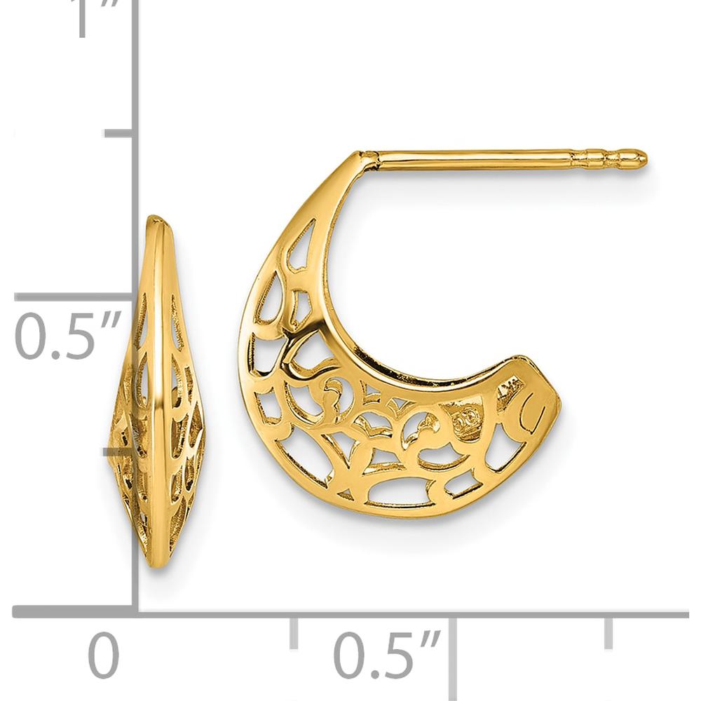 14K Yellow Gold Polished Fancy Cut-Out J-Hoop Earrings - 15mm Length, 13.9mm Width by 0
