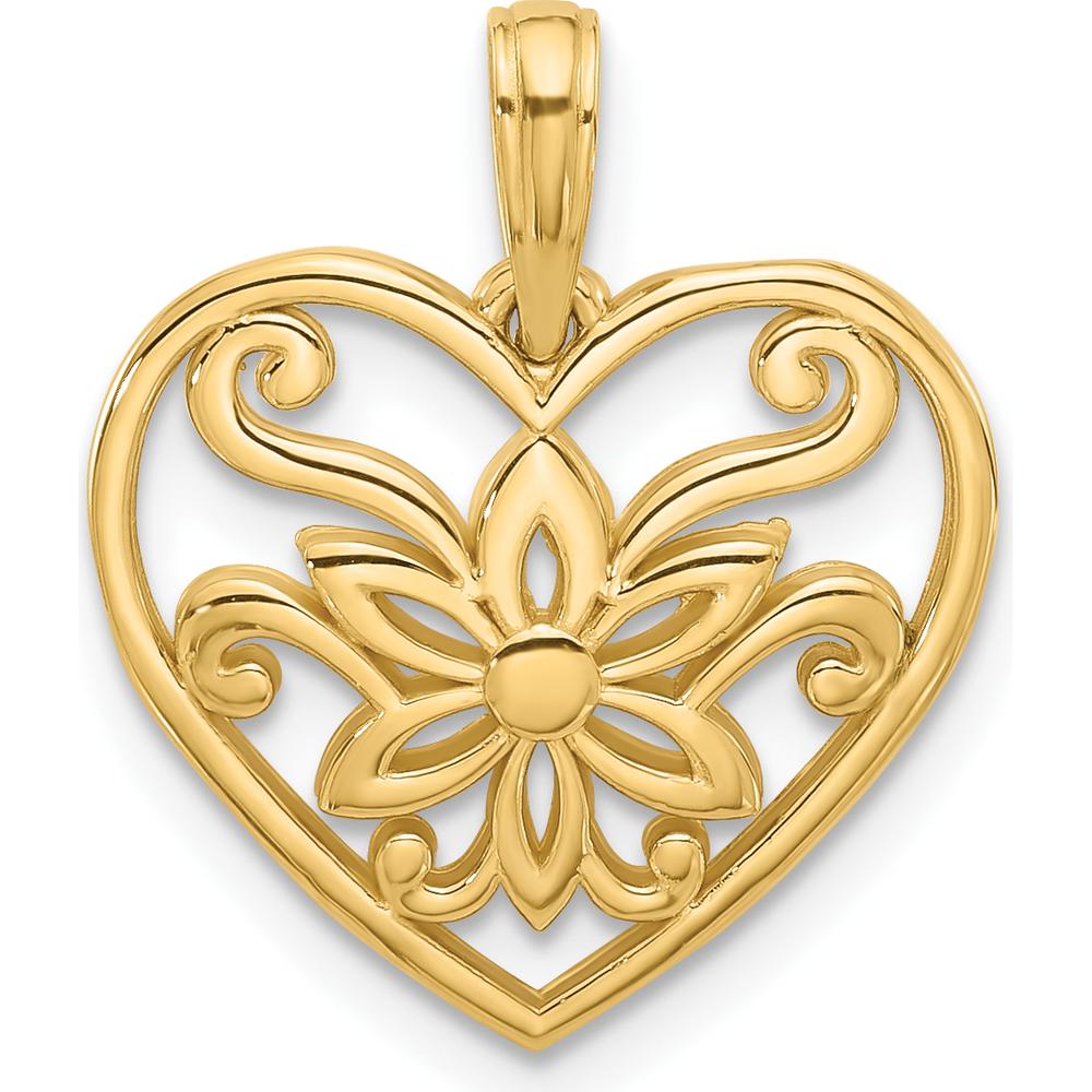14K Yellow Gold Polished Fancy Flower and Heart Pendant Charm - Elegant Floral Design by Oro Pregiato