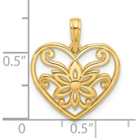 14K Yellow Gold Polished Fancy Flower and Heart Pendant Charm - Elegant Floral Design by Oro Pregiato