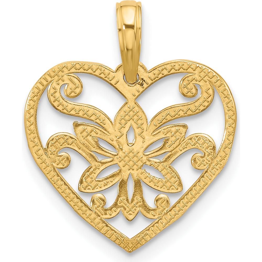 14K Yellow Gold Polished Fancy Flower and Heart Pendant Charm - Elegant Floral Design by Oro Pregiato