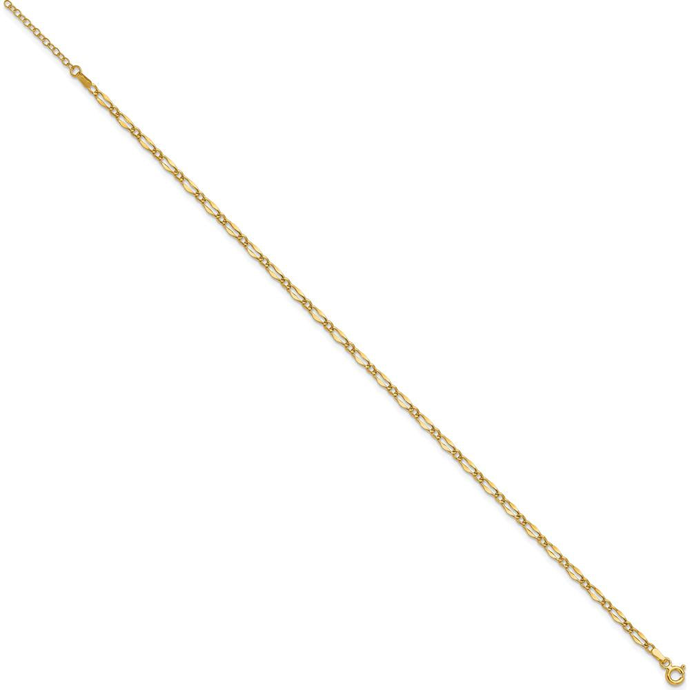 14K Yellow Gold Polished Fancy Link Anklet with Adjustable 1" Extender - 10" Total Length