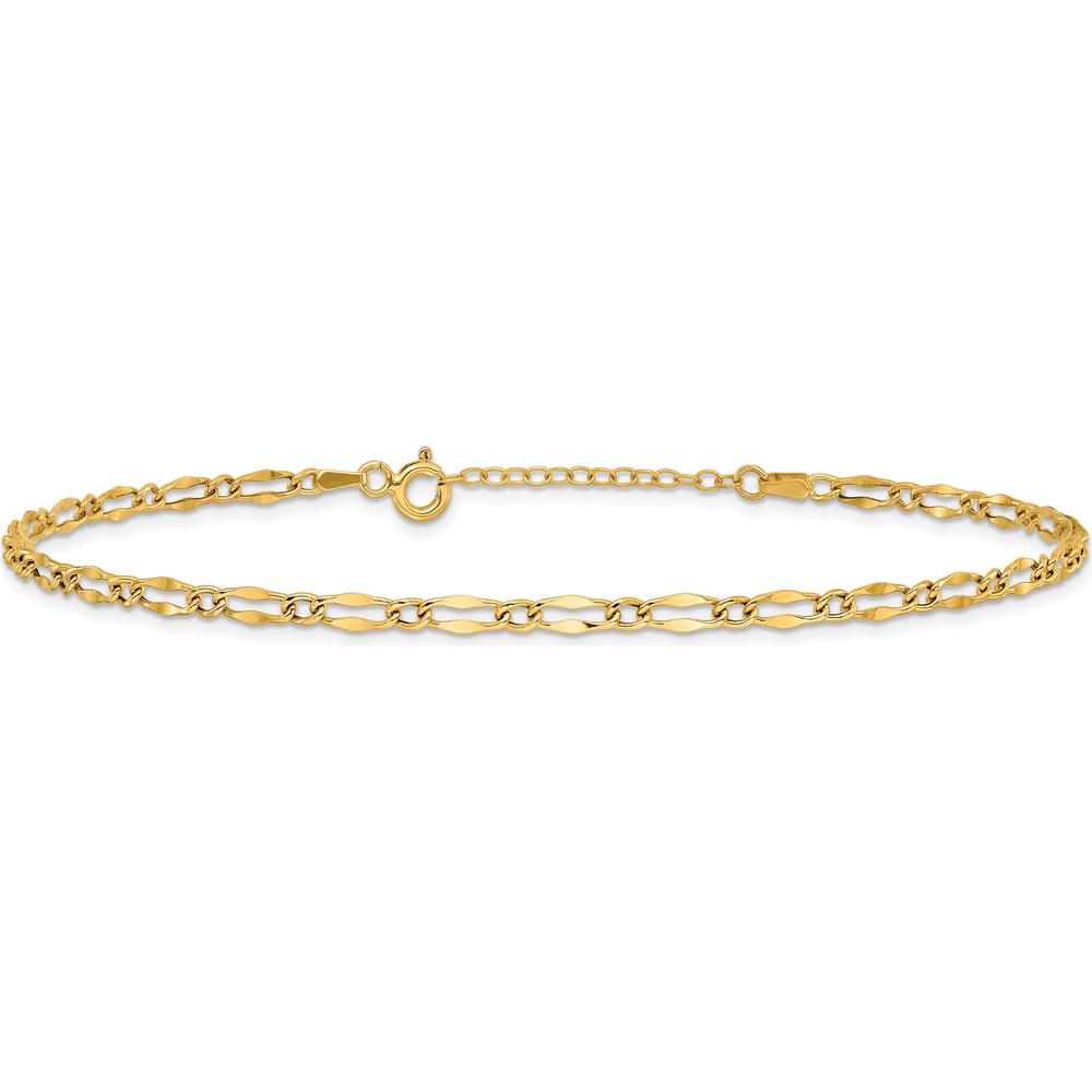 14K Yellow Gold Polished Fancy Link Anklet with Adjustable 1" Extender - 10" Total Length