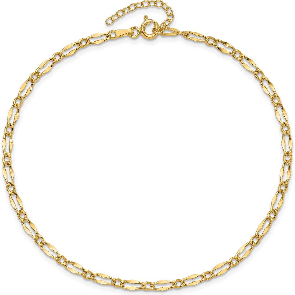14K Yellow Gold Polished Fancy Link Anklet with Adjustable 1" Extender - 10" Total Length
