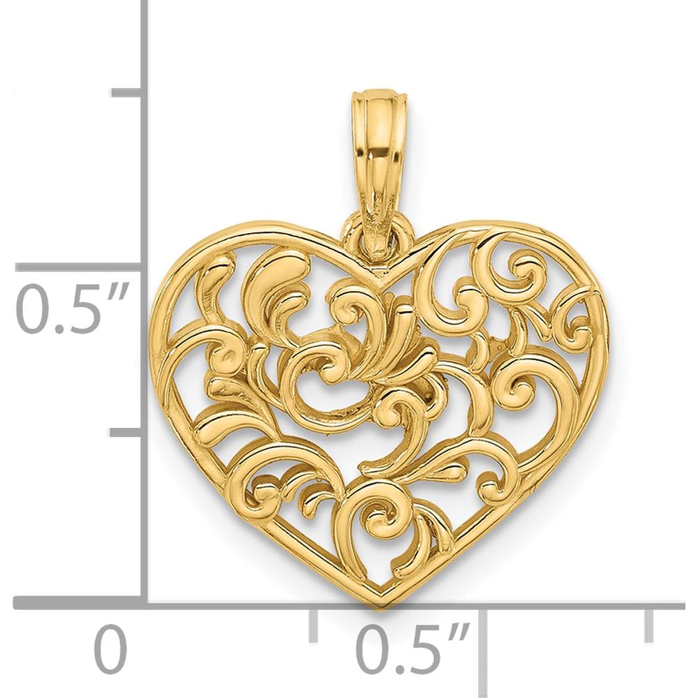 14K Yellow Gold Polished Fancy Swirl Filigree Heart Charm - 21mm Length by Oro Pregiato