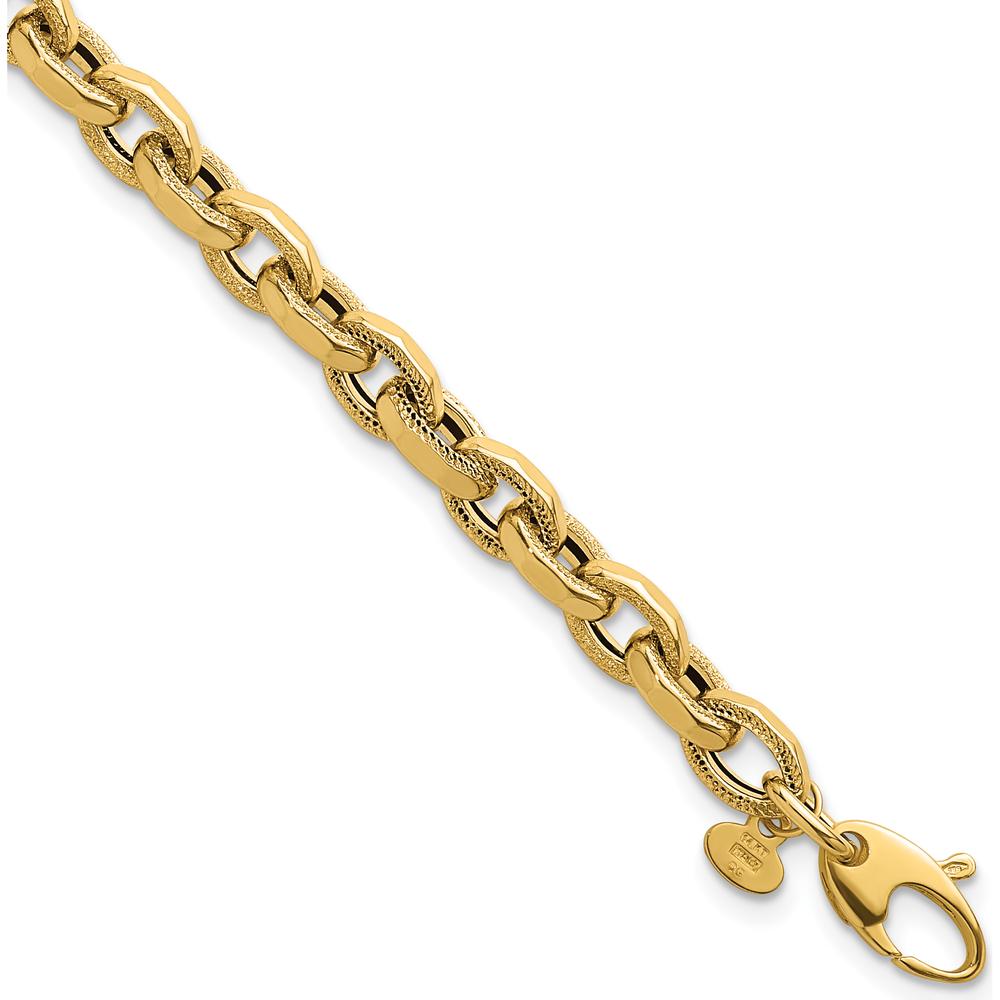 14K Yellow Gold Polished Fancy Textured Oval Open Link Bracelet - 7.5 inches by 0