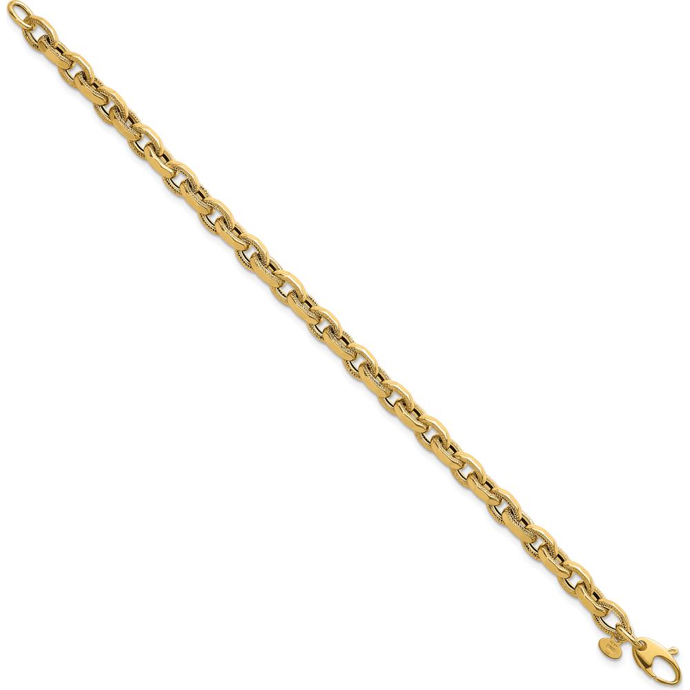 14K Yellow Gold Polished Fancy Textured Oval Open Link Bracelet - 7.5 inches by 0