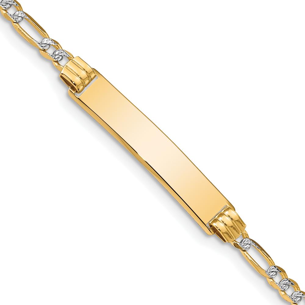 14K Yellow Gold Polished Figaro Chain ID Bracelet with Pave Texture and Engravable Solid Plate Charm - 7 Inches by Oro Pregiato
