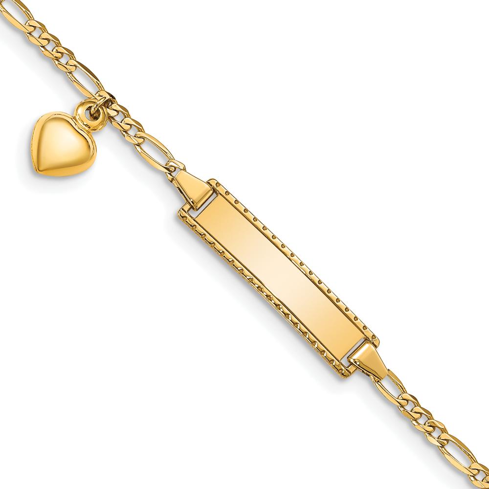 14K Yellow Gold Polished Figaro Link 6" Child ID Bracelet with Heart Charm - Engravable by Oro Pregiato