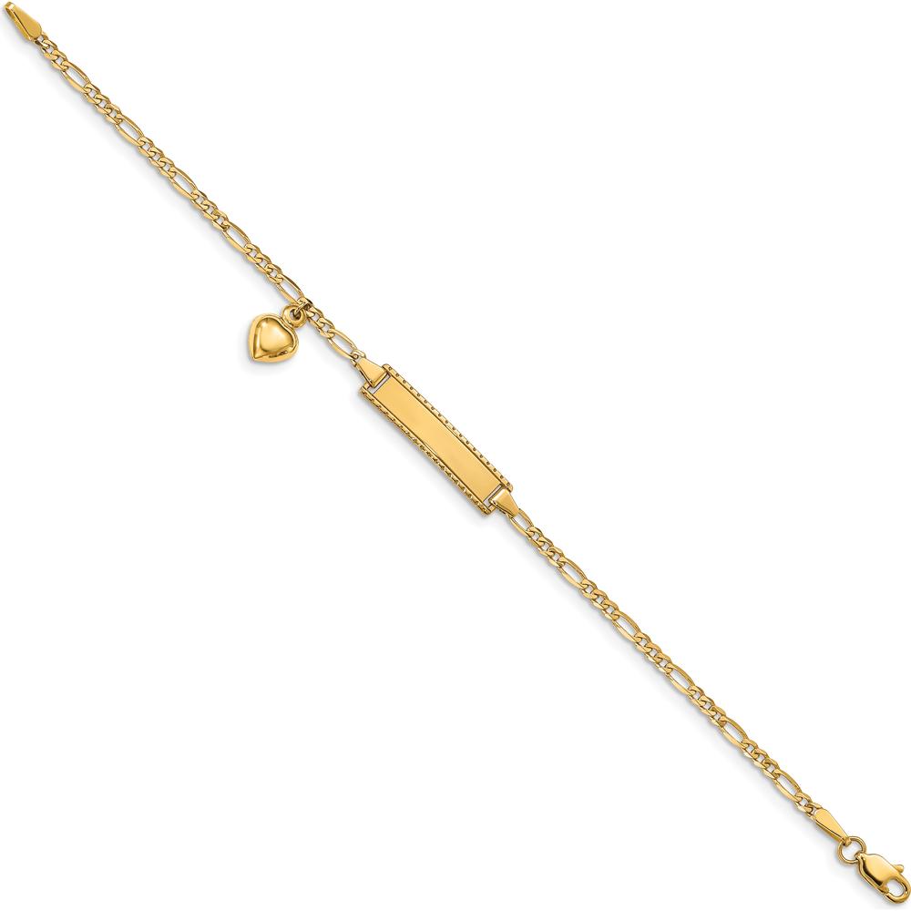 14K Yellow Gold Polished Figaro Link 6" Child ID Bracelet with Heart Charm - Engravable by Oro Pregiato