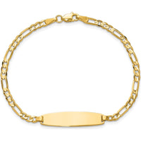 14K Yellow Gold Polished Figaro Link 7" ID Bracelet with Engravable Plate by Oro Pregiato