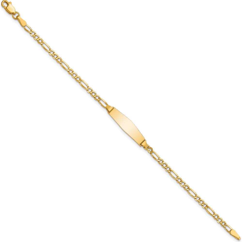 14K Yellow Gold Polished Figaro Link Baby/Child ID Bracelet with Solid Plate Charm - Custom Engravable by Oro Pregiato