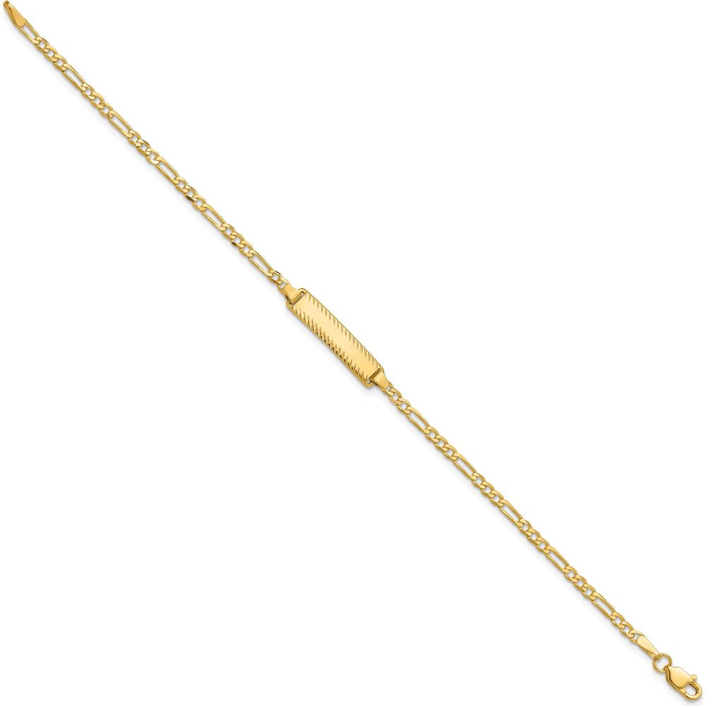 14K Yellow Gold Polished Figaro Link Chain with Solid Plate Diamond-Cut ID Bracelet - 7 Inches by Oro Pregiato
