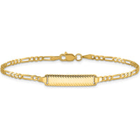 14K Yellow Gold Polished Figaro Link Chain with Solid Plate Diamond-Cut ID Bracelet - 7 Inches by Oro Pregiato