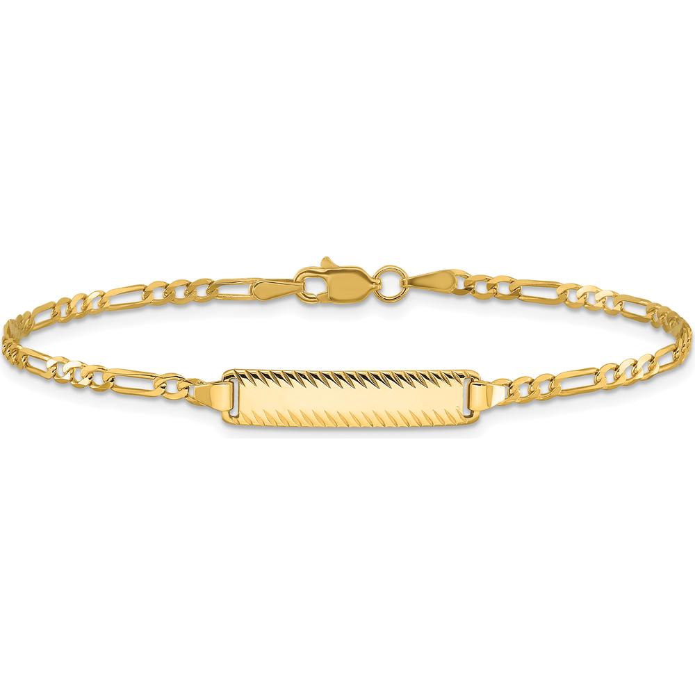 14K Yellow Gold Polished Figaro Link Chain with Solid Plate Diamond-Cut ID Bracelet - 7 Inches by Oro Pregiato