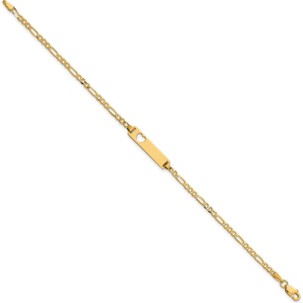 14K Yellow Gold Polished Figaro Link Cut-out Heart ID Bracelet - 7" Length by Oro Pregiato