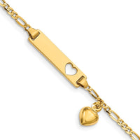 14K Yellow Gold Polished Figaro Link ID Bracelet with Heart Cut-out and Dangle Charm - 5.5" for Baby/Child by Oro Pregiato