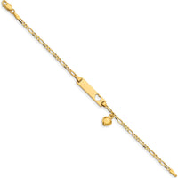14K Yellow Gold Polished Figaro Link ID Bracelet with Heart Cut-out and Dangle Charm - 5.5" for Baby/Child by Oro Pregiato