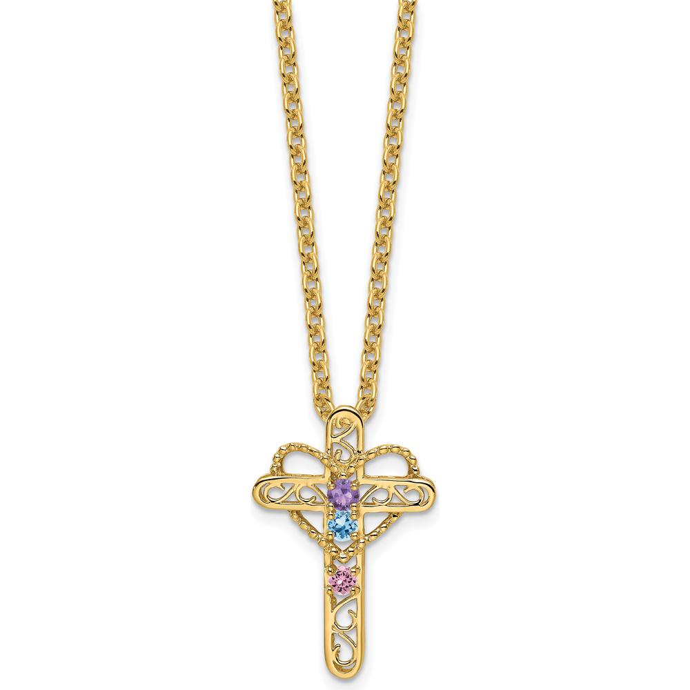 14K Yellow Gold Polished Filigree 3-Stone Mother's Cross Pendant Mounting by Oro Pregiato
