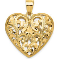 14K Yellow Gold Polished Filigree 3D Heart Pendant with Diamond-Cut Texture by Oro Pregiato