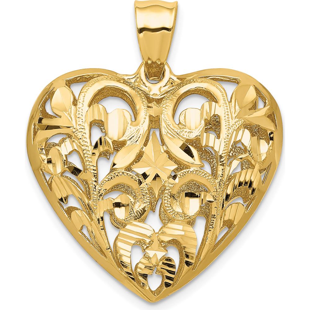 14K Yellow Gold Polished Filigree 3D Heart Pendant with Diamond-Cut Texture by Oro Pregiato