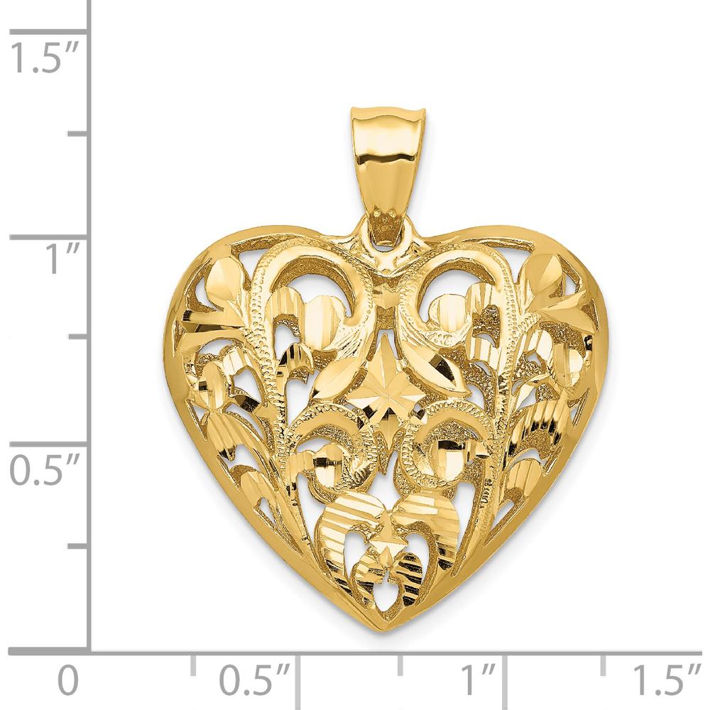 14K Yellow Gold Polished Filigree 3D Heart Pendant with Diamond-Cut Texture by Oro Pregiato