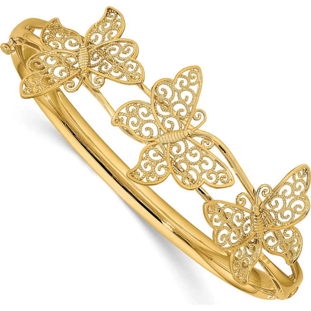 14K Yellow Gold Polished Filigree Butterflies Hinged Oval Bangle Bracelet by Oro Pregiato