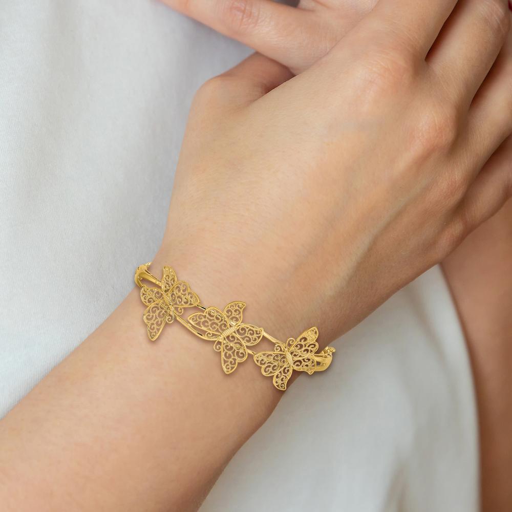 14K Yellow Gold Polished Filigree Butterflies Hinged Oval Bangle Bracelet by Oro Pregiato