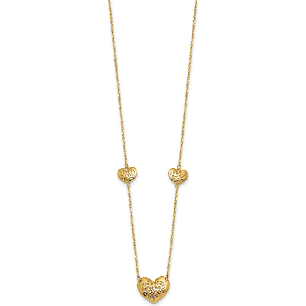 14K Yellow Gold Polished Filigree Heart 3-Station Necklace with 2" Extender by 0