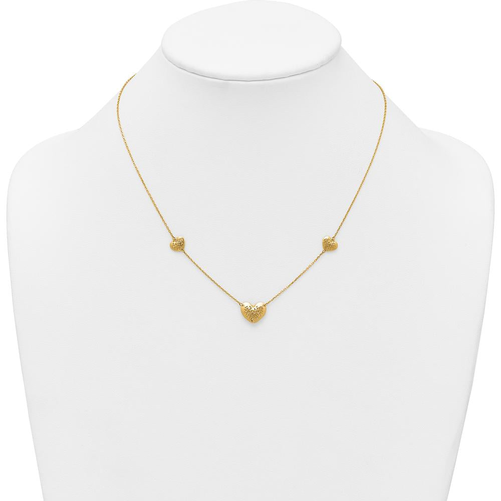 14K Yellow Gold Polished Filigree Heart 3-Station Necklace with 2" Extender by 0