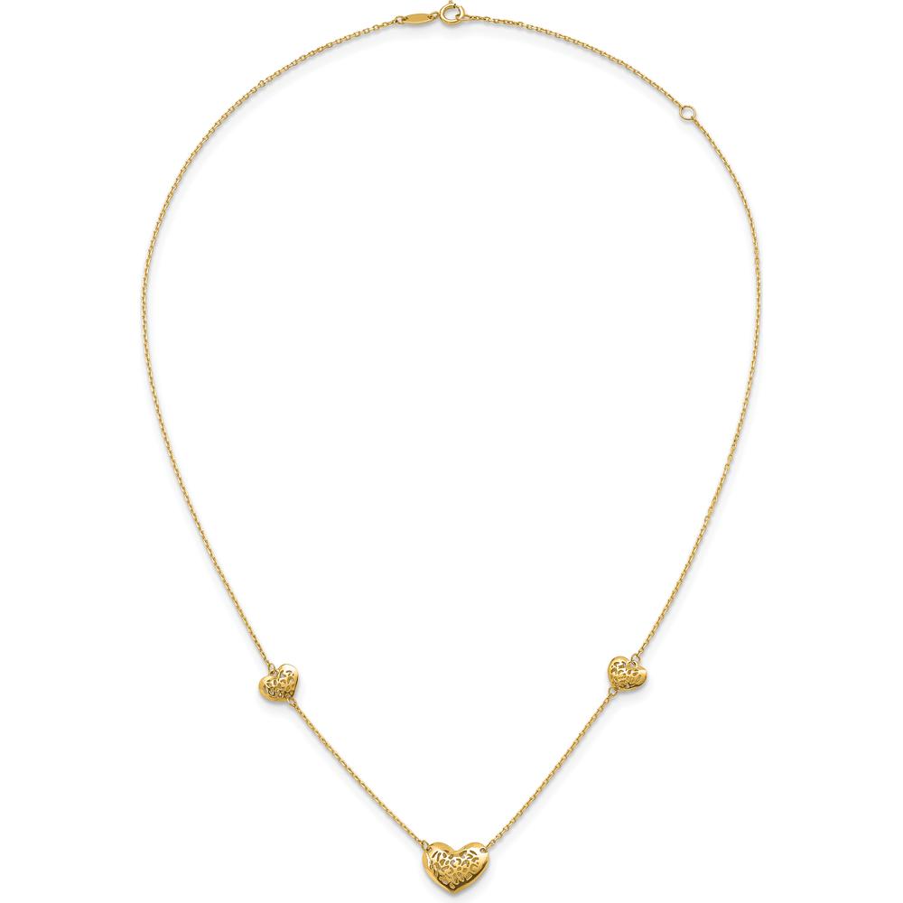 14K Yellow Gold Polished Filigree Heart 3-Station Necklace with 2" Extender by 0