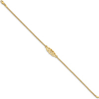 14K Yellow Gold Polished Filigree Heart and Bismark Chain 9" Anklet