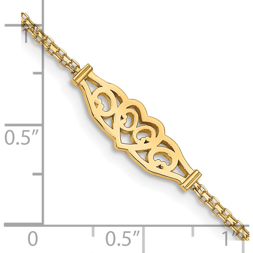 14K Yellow Gold Polished Filigree Heart and Bismark Chain 9" Anklet