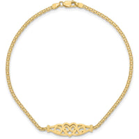 14K Yellow Gold Polished Filigree Heart and Bismark Chain 9" Anklet