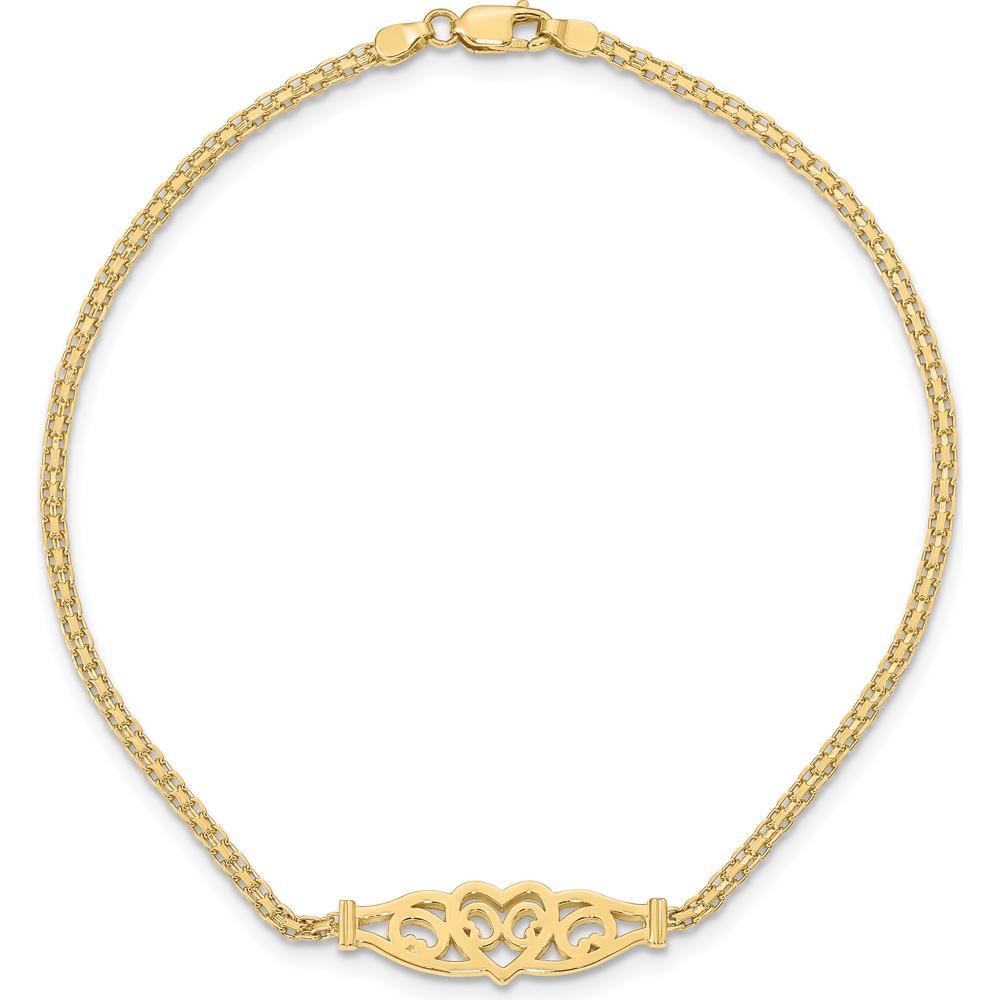 14K Yellow Gold Polished Filigree Heart and Bismark Chain 9" Anklet