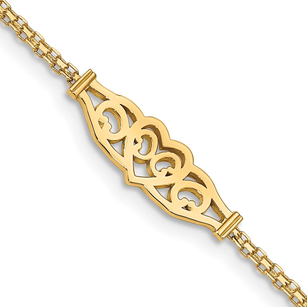 14K Yellow Gold Polished Filigree Heart and Bismark Chain Anklet - 10" Length