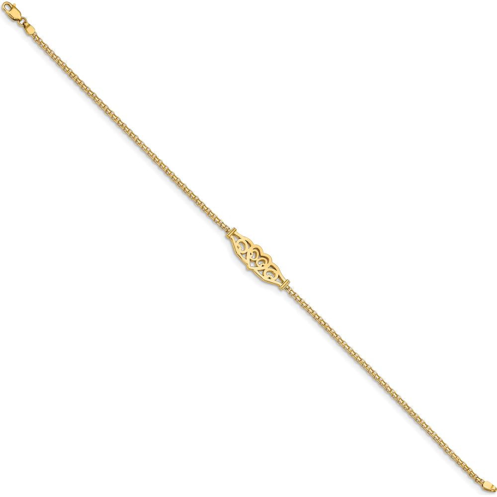 14K Yellow Gold Polished Filigree Heart and Bismark Chain Anklet - 10" Length