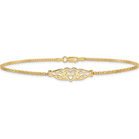 14K Yellow Gold Polished Filigree Heart and Bismark Chain Anklet - 10" Length