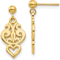 14K Yellow Gold Polished Filigree Heart Drop Earrings - Elegant Dangle Design by 0