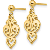 14K Yellow Gold Polished Filigree Heart Drop Earrings - Elegant Dangle Design by 0