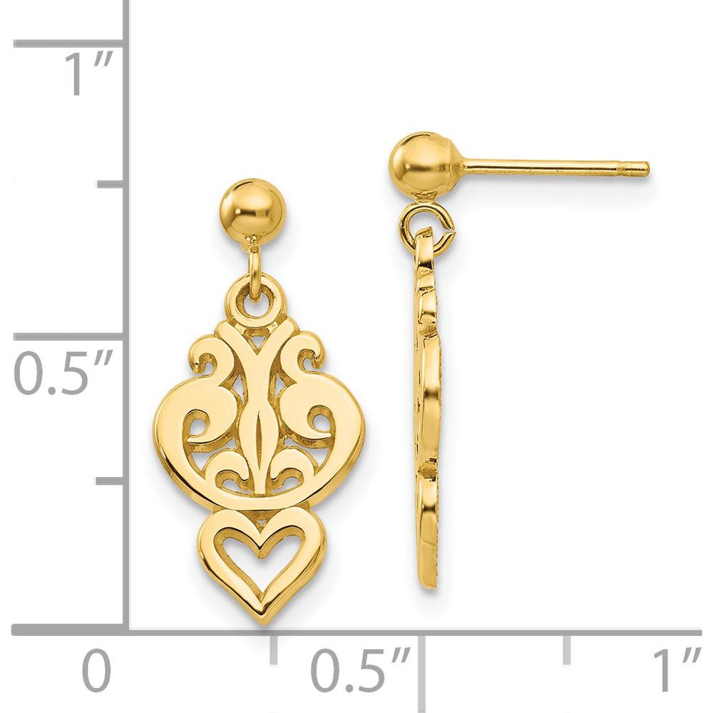 14K Yellow Gold Polished Filigree Heart Drop Earrings - Elegant Dangle Design by 0