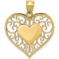 14K Yellow Gold Polished Filigree Heart Pendant with Textured Back by Oro Pregiato