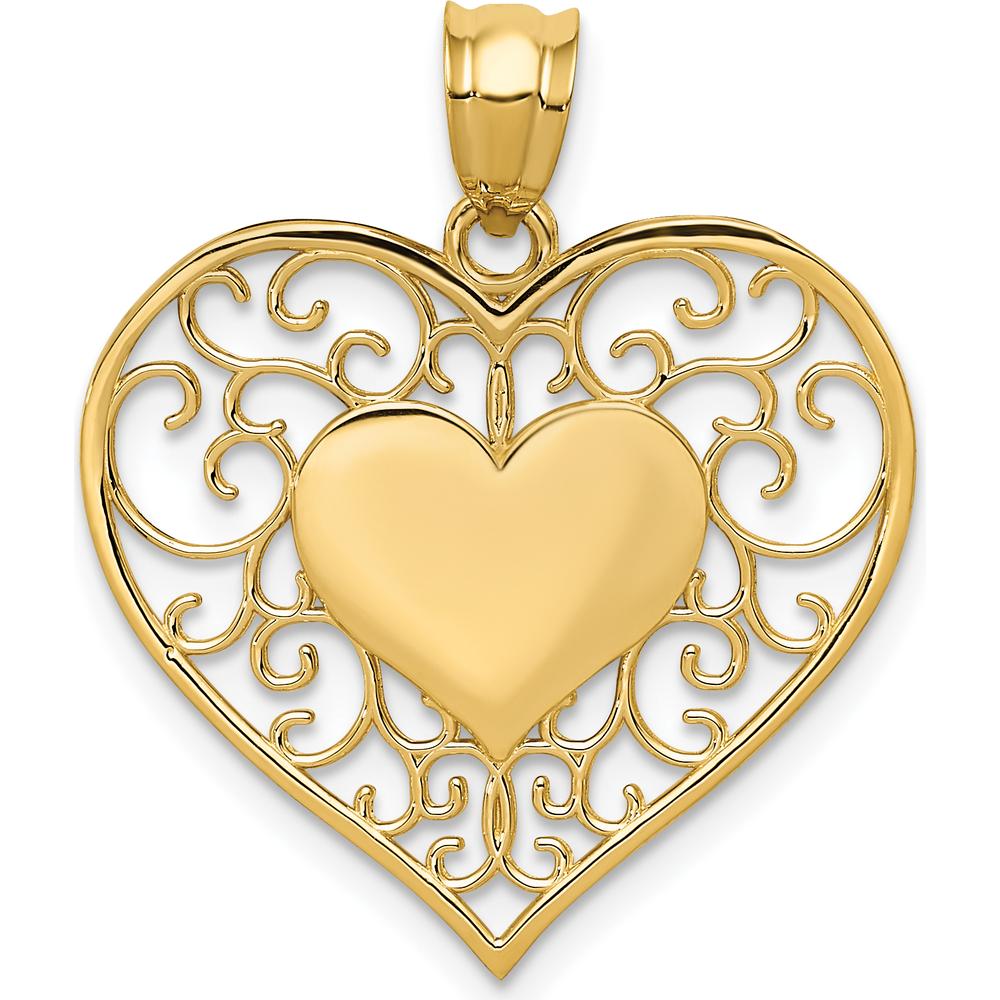 14K Yellow Gold Polished Filigree Heart Pendant with Textured Back by Oro Pregiato