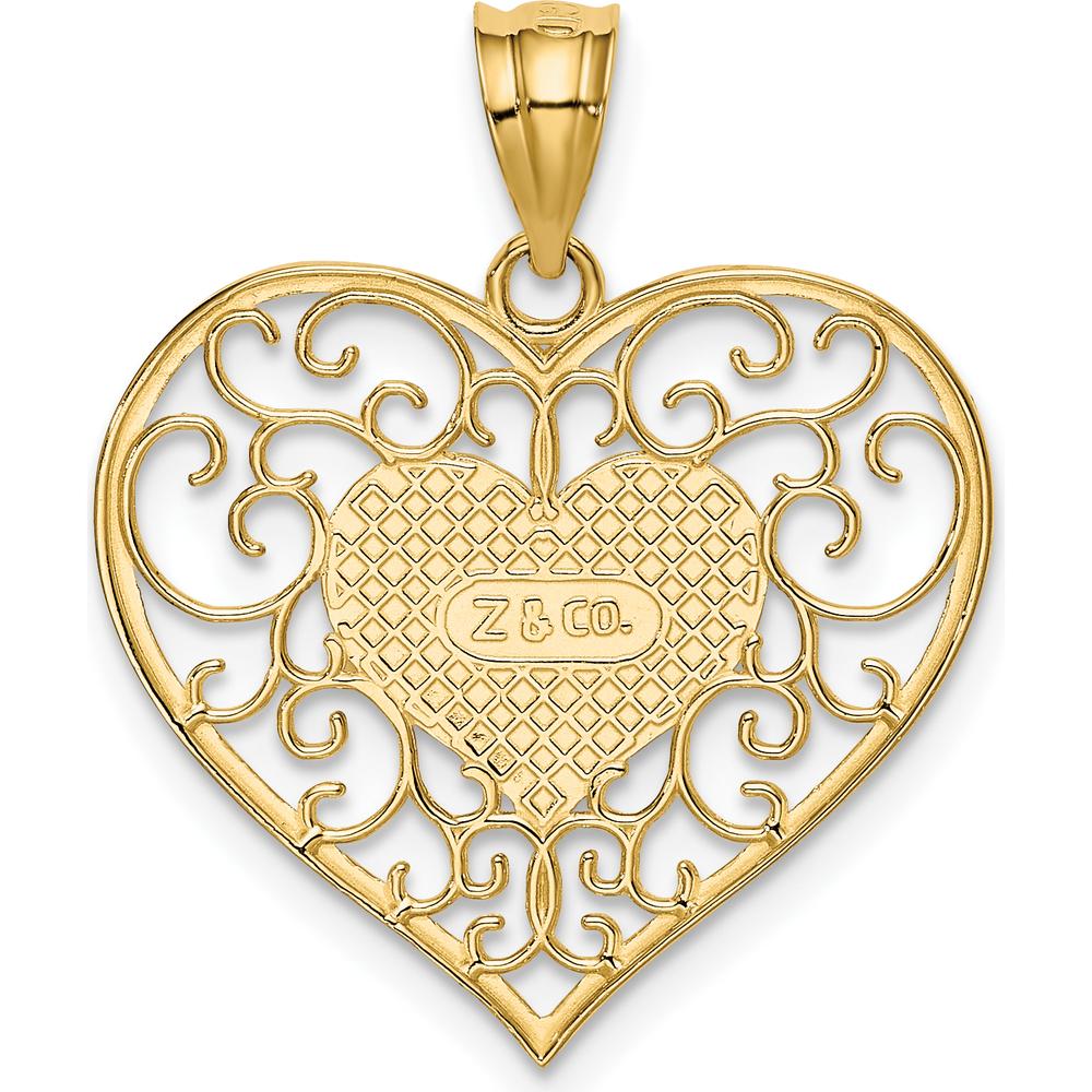 14K Yellow Gold Polished Filigree Heart Pendant with Textured Back by Oro Pregiato