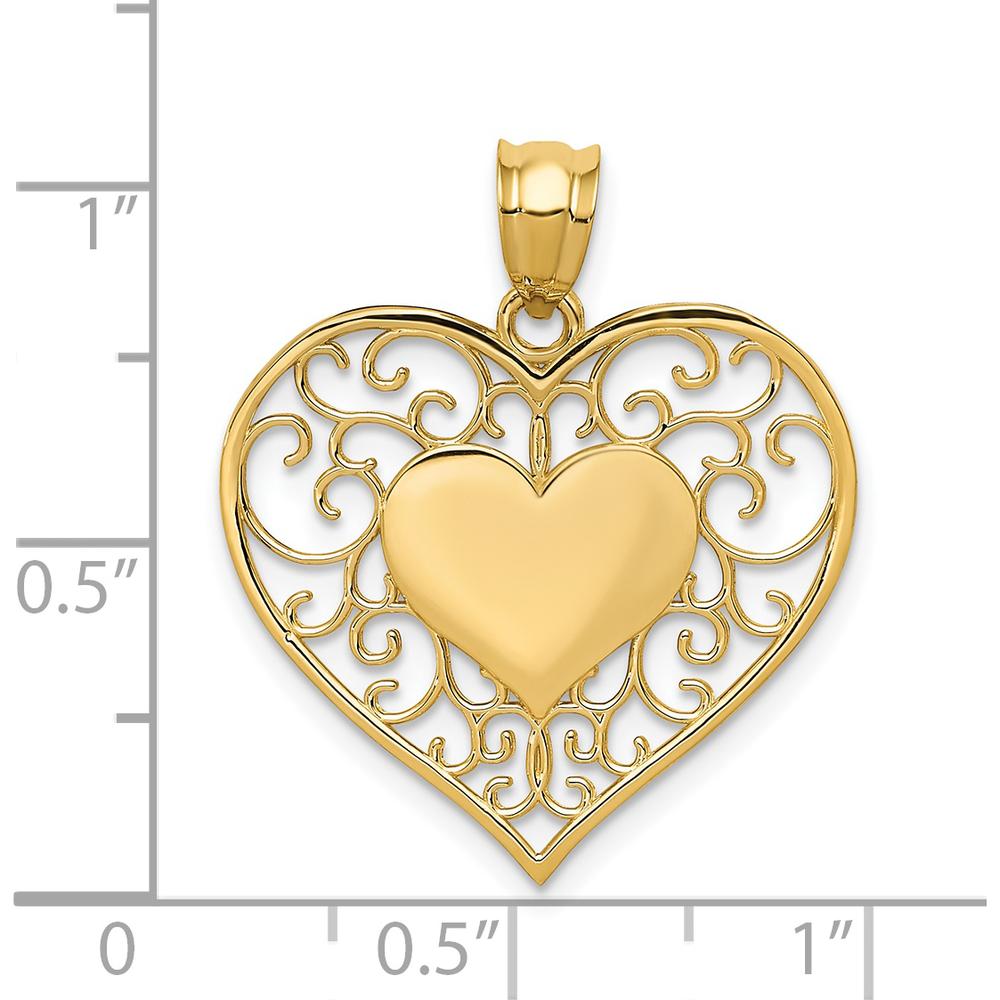 14K Yellow Gold Polished Filigree Heart Pendant with Textured Back by Oro Pregiato
