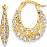 14K Yellow Gold Polished Filigree Hoop Earrings with Rhodium Plating - 22.52mm Length by 0