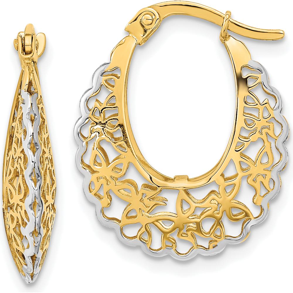 14K Yellow Gold Polished Filigree Hoop Earrings with Rhodium Plating - 22.52mm Length by 0