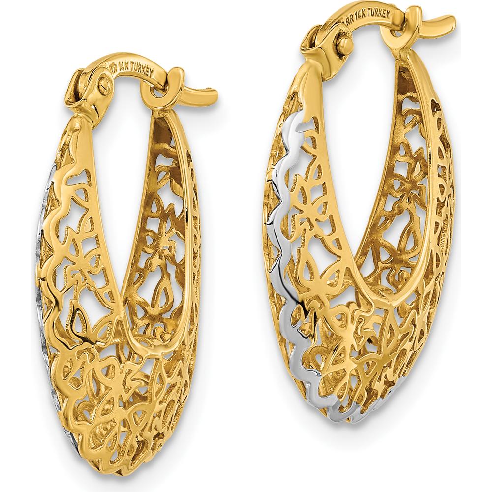 14K Yellow Gold Polished Filigree Hoop Earrings with Rhodium Plating - 22.52mm Length by 0